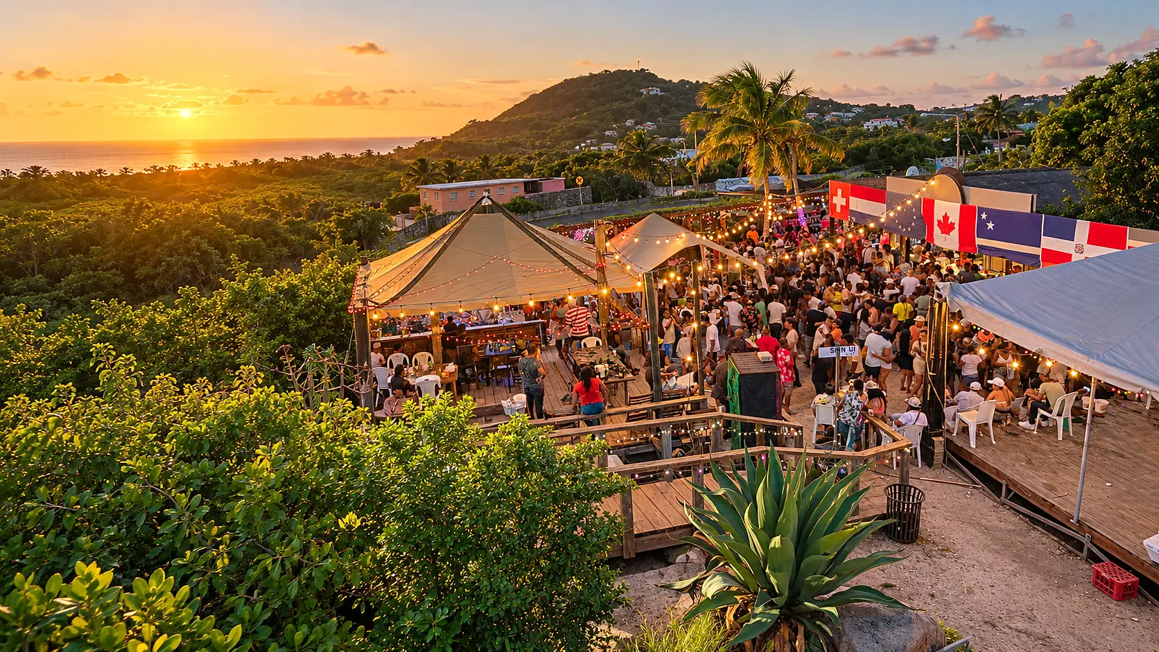Open-air party at sunset with flags and string lights